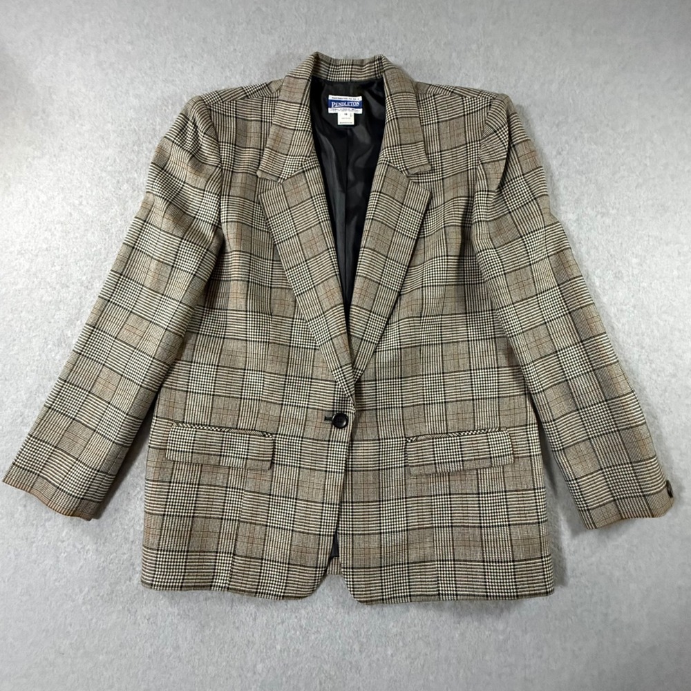 Pendleton Vintage Wool Blazer Plaid Tan Black Made in USA Size 16 Jacket